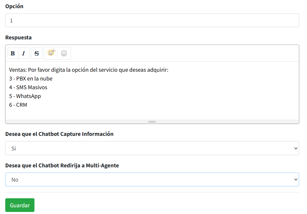Creación de una opción del chatbot