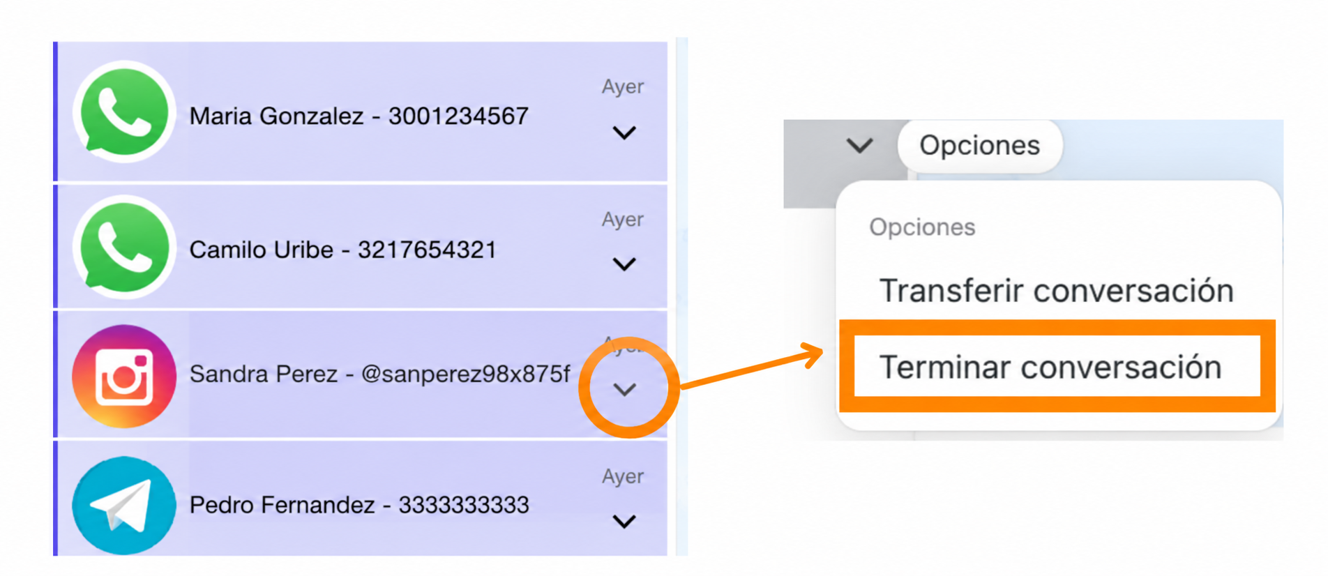 Captura de Multiagentes que señala la flecha de opciones de una conversación y la opción Terminar conversación