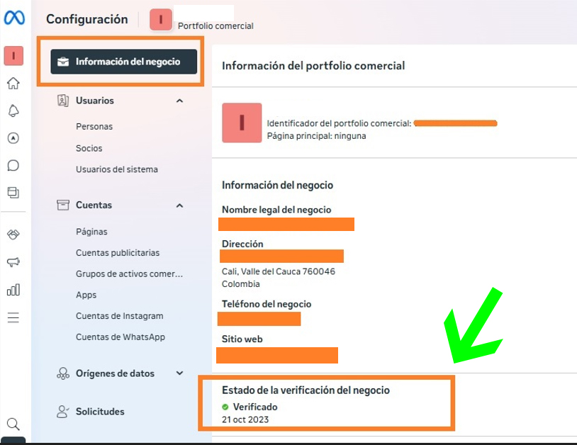 Ejemplo de dónde consultar el estado de verificación del negocio